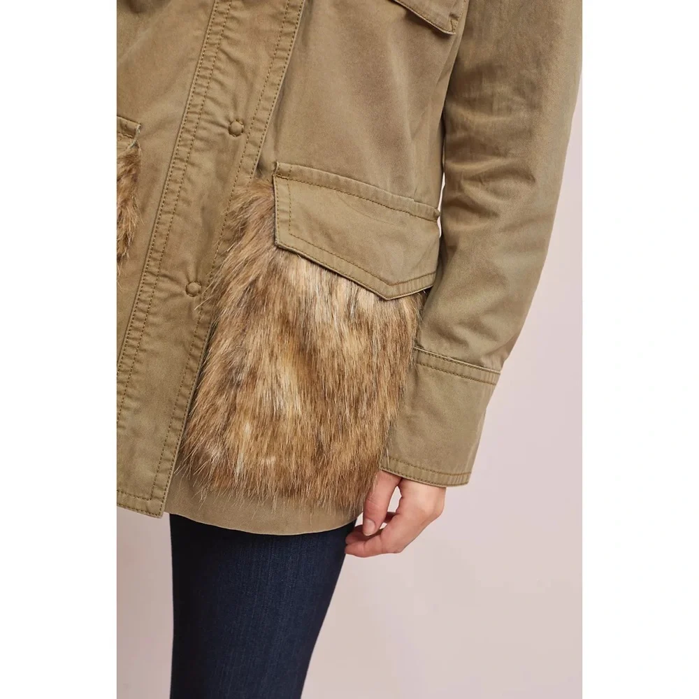 Anthropologie Faux Fur-Trimmed Field Parka Olive Green Jacket Women’s Medium - Picture 4 of 16
